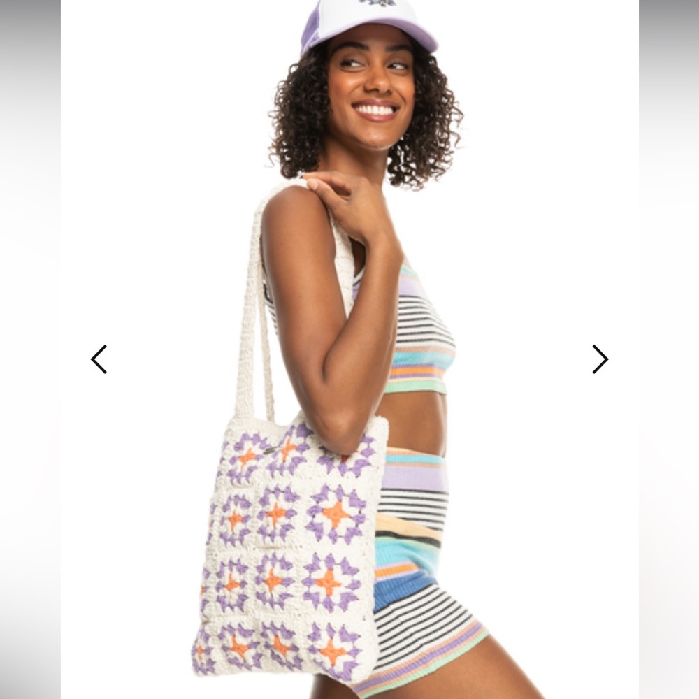 Roxy Cream Crochet Tote with Purple and Orange Flower Motifs - Picture 2 of 5